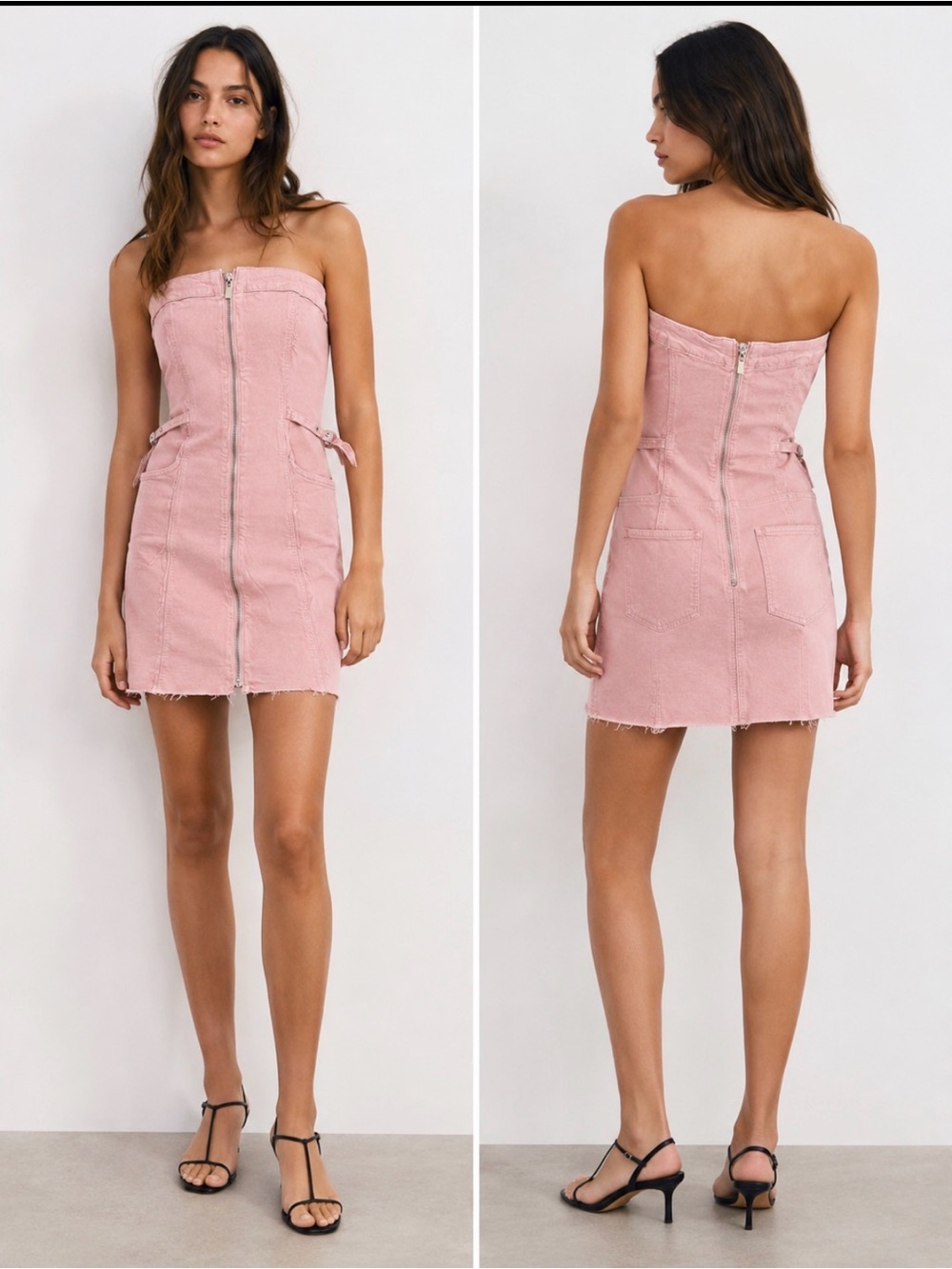 ZARA Strapless Zipper Front Pink Denim Mini Dress
